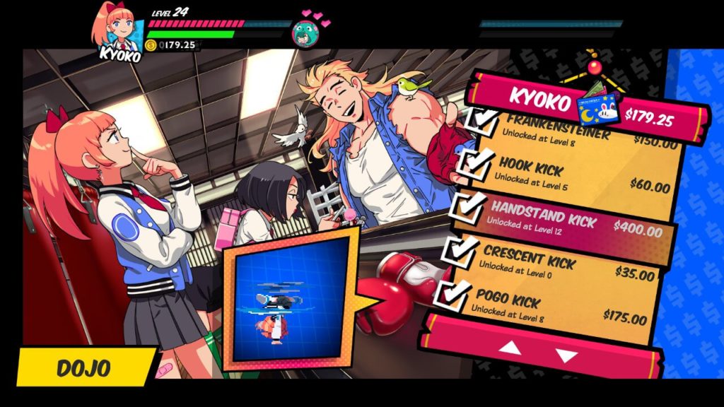 River City Girls : un plan fixe façon manga qui liste les coups disponibles